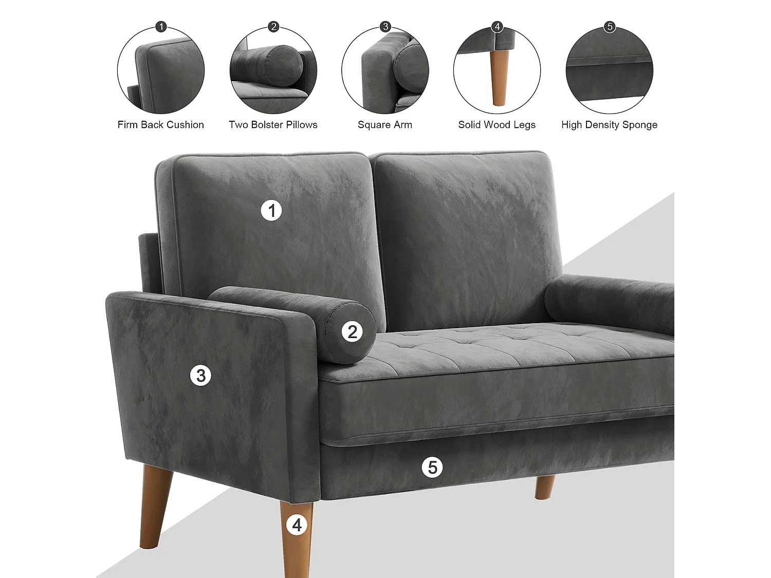 Scandinavische 2-zitsbank, loveseat fluwelen mini-bank met gerolde armleuning, woonkamerfauteuil met armleuningen, 121x77x87cm - grijs