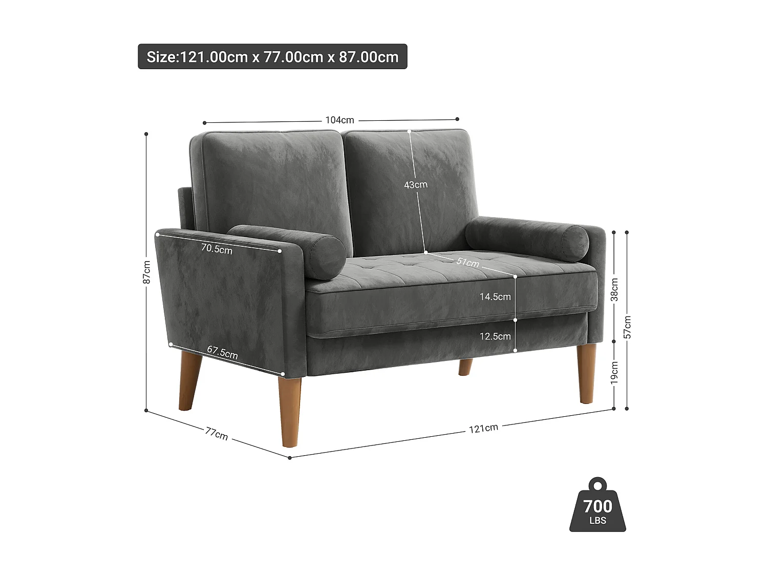 Scandinavische 2-zitsbank, loveseat fluwelen mini-bank met gerolde armleuning, woonkamerfauteuil met armleuningen, 121x77x87cm - grijs