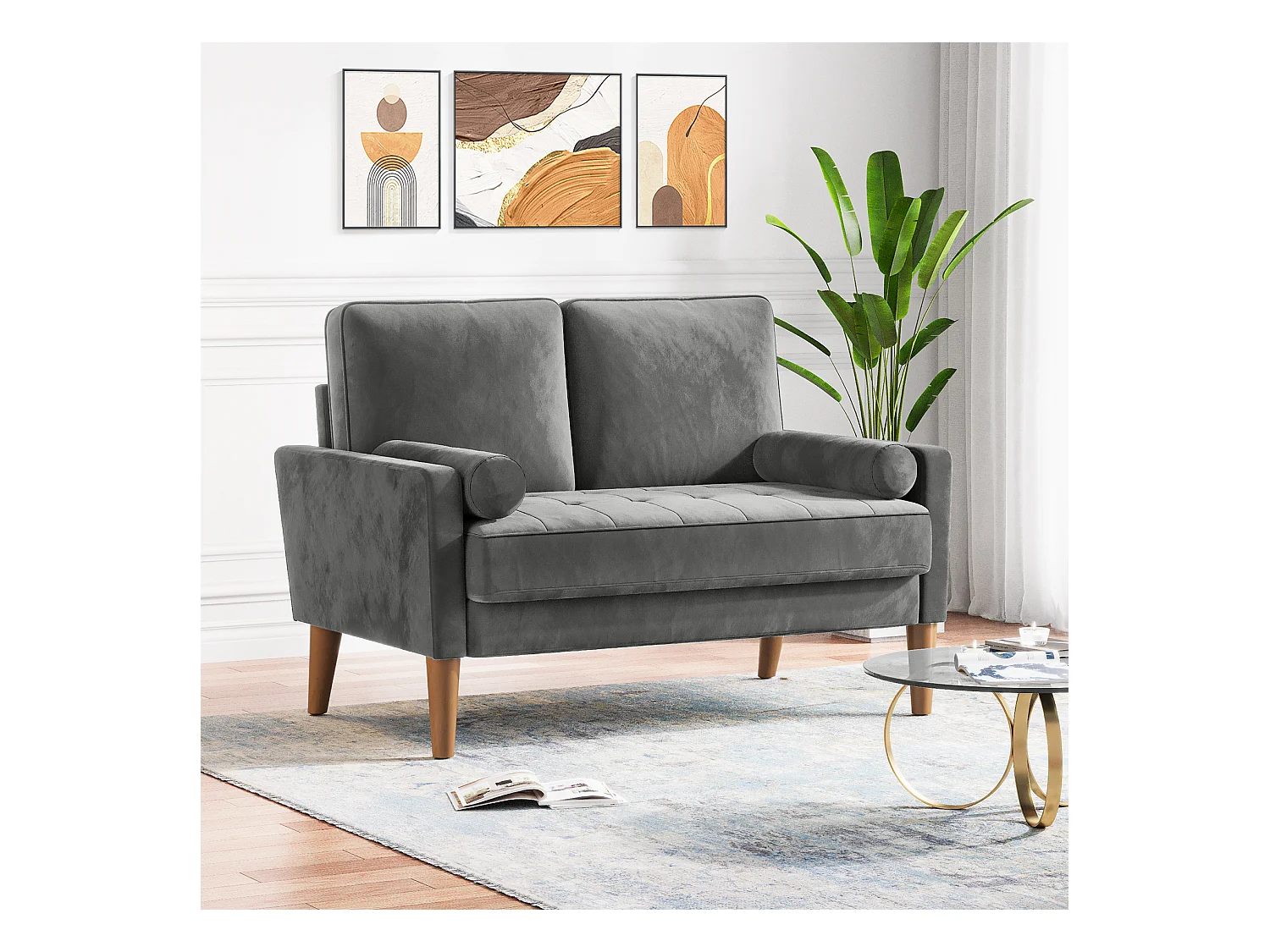 Canapé à 2 Places Scandinave,Mini Canapé à Bras Roulés en Velours Loveseat,Fauteuil Salon avec Accoudoirs,121x77x87cm - Gris