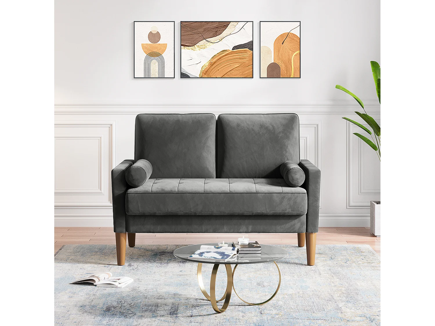 Canapé à 2 Places Scandinave,Mini Canapé à Bras Roulés en Velours Loveseat,Fauteuil Salon avec Accoudoirs,121x77x87cm - Gris