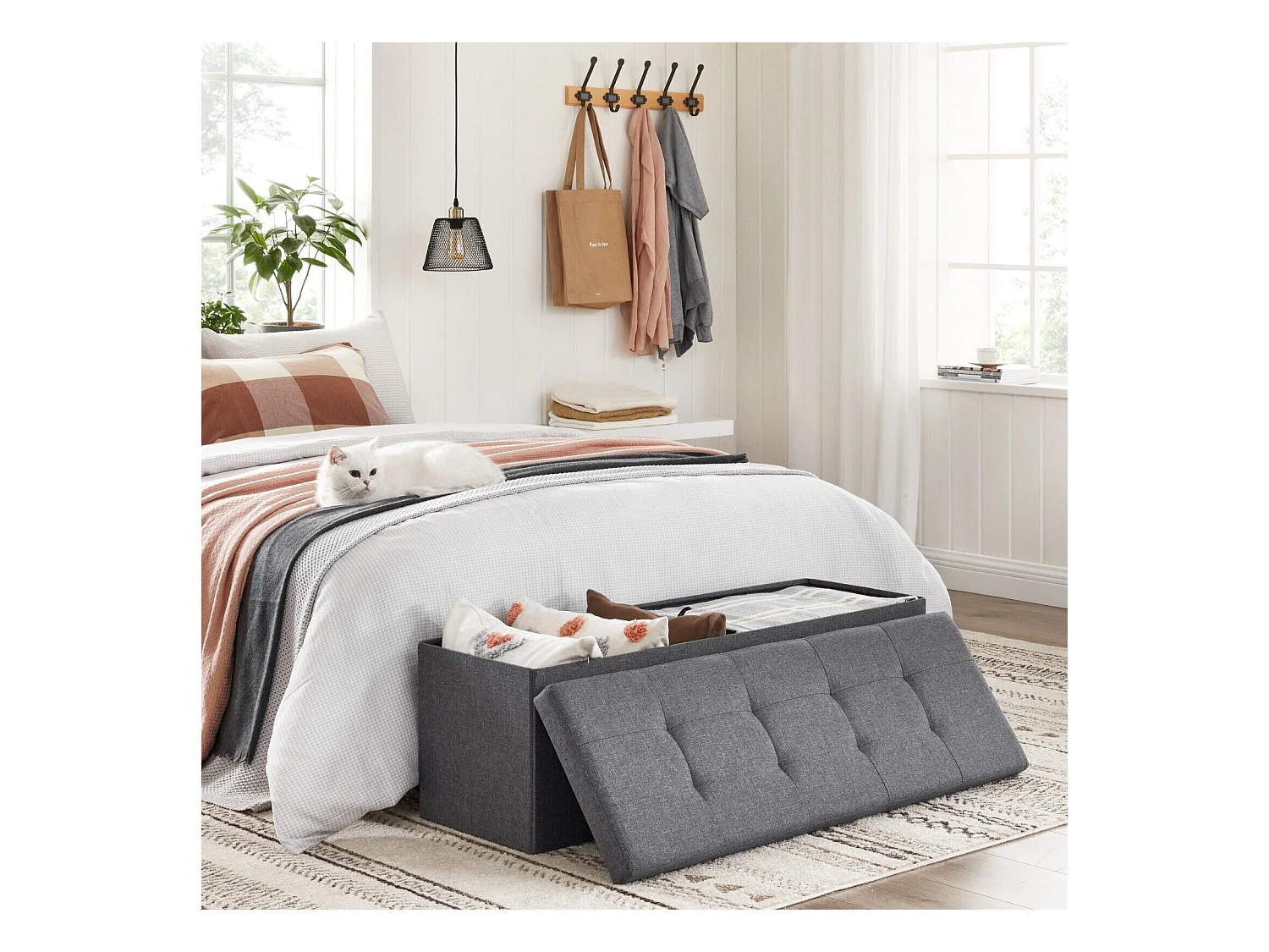 Banc Tabouret Boîte de Rangement Polyester Commode Pliable - 110x38x38cm - Gris foncé