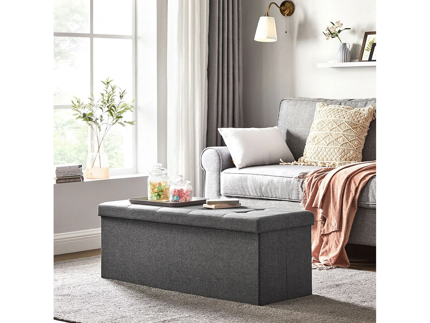 Banc Tabouret Boîte de Rangement Polyester Commode Pliable - 110x38x38cm - Gris foncé