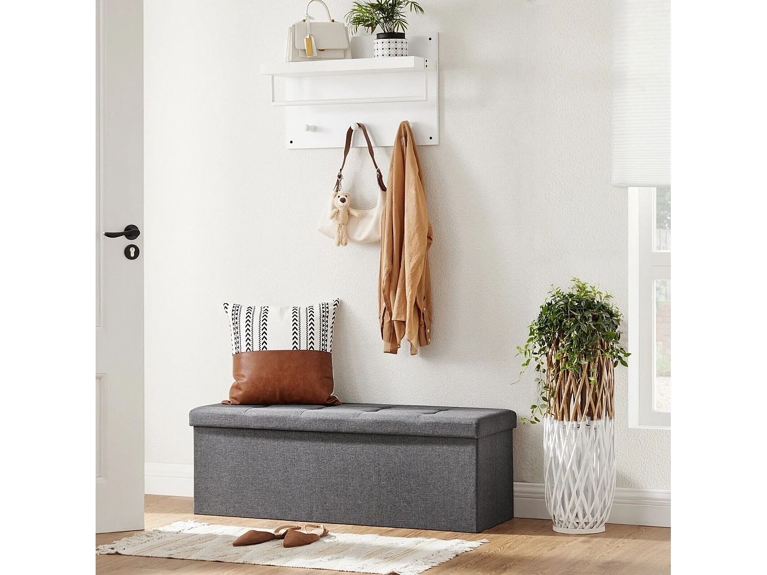 Banc Tabouret Boîte de Rangement Polyester Commode Pliable - 110x38x38cm - Gris foncé