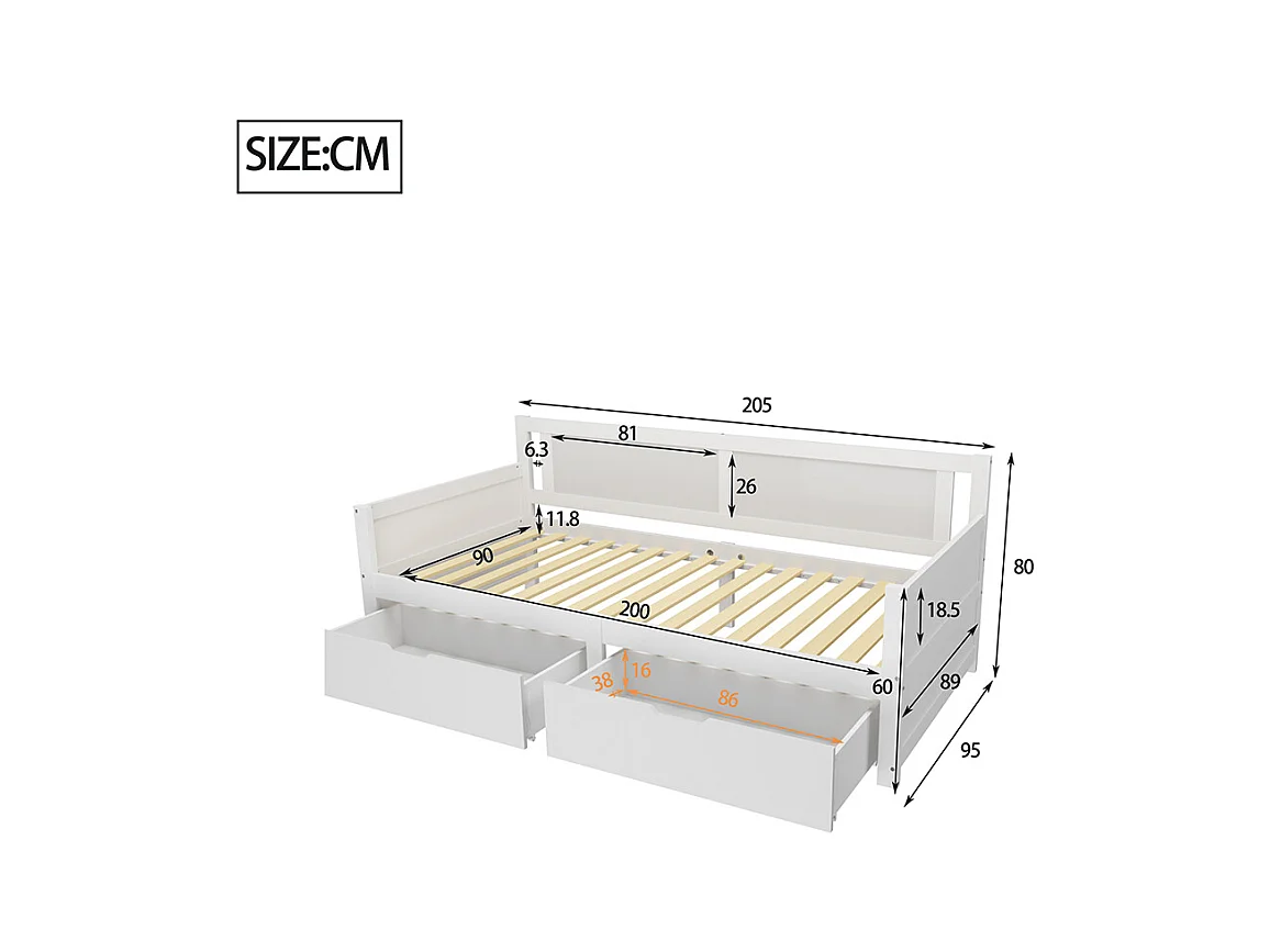 Canapé lit 90x200 cm lit simple avec deux compartiments de rangement lit en bois massif blanc