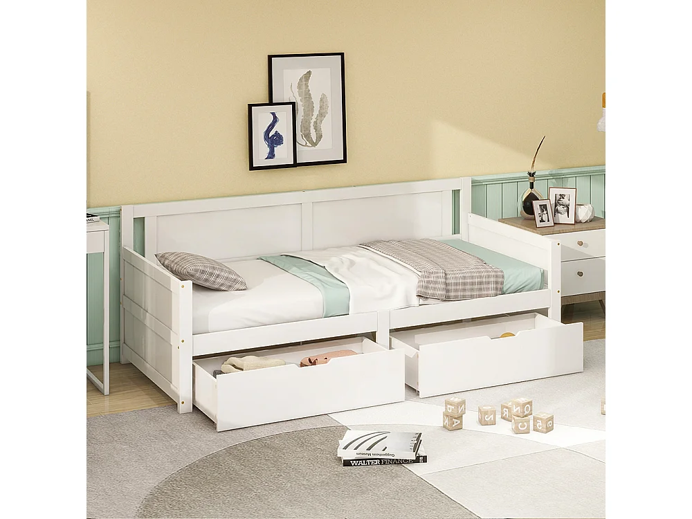 Canapé lit 90x200 cm lit simple avec deux compartiments de rangement lit en bois massif blanc