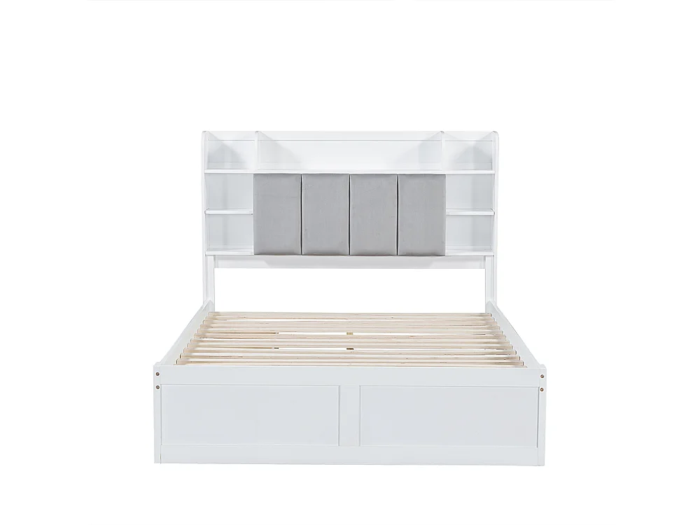 Lit double 140x200 cm Étagère ouverte Trois tiroirs avec roulettes Compartiment de rangement avec porte rabattable Blanc