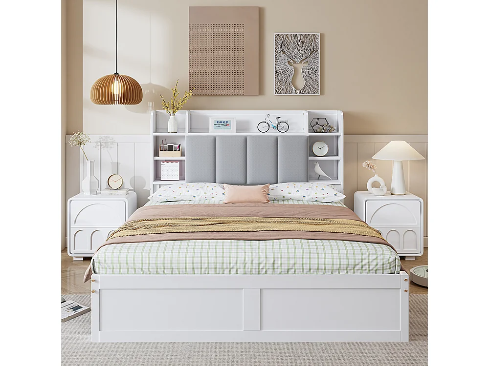 Lit double 140x200 cm Étagère ouverte Trois tiroirs avec roulettes Compartiment de rangement avec porte rabattable Blanc