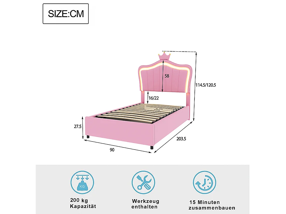 Lit enfant Lit 90x200 cm Avec design de couronne Avec éclairage LED Lit de rangement hydraulique Tête de lit réglable en hauteur Rose
