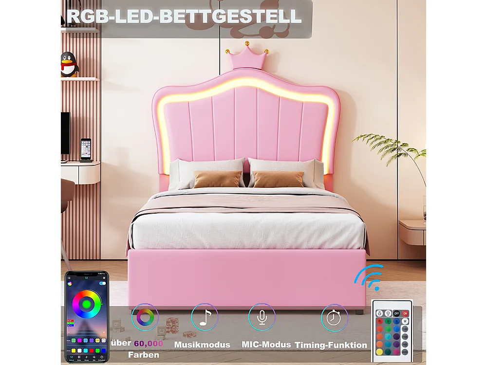 Lit enfant Lit 90x200 cm Avec design de couronne Avec éclairage LED Lit de rangement hydraulique Tête de lit réglable en hauteur Rose