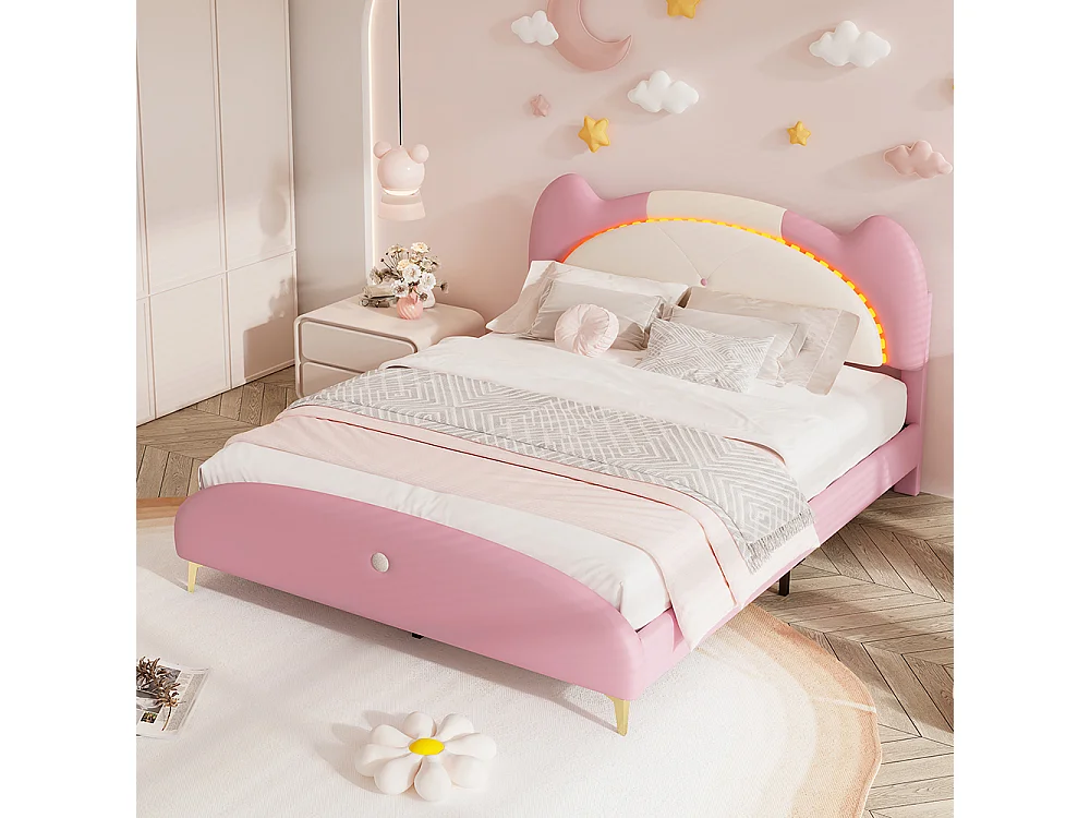 Lit d'enfant 140x200cm Lit double avec lattes en bois Bande LED Éponge douce cuir PU Beige+Rose