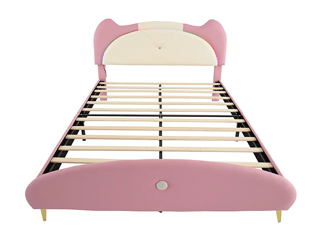 Lit d'enfant 140x200cm Lit double avec lattes en bois Bande LED Éponge douce cuir PU Beige+Rose