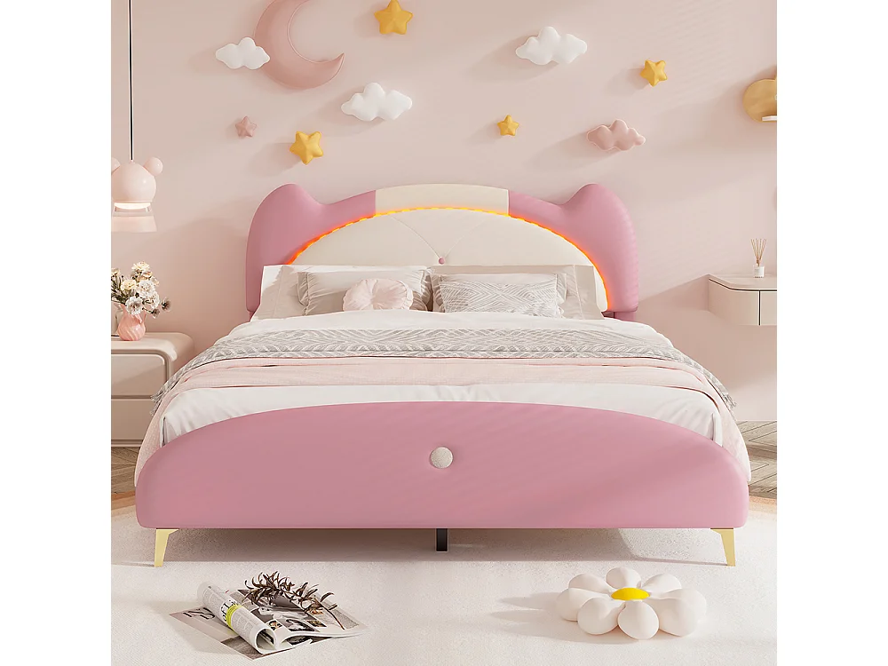 Lit d'enfant 140x200cm Lit double avec lattes en bois Bande LED Éponge douce cuir PU Beige+Rose