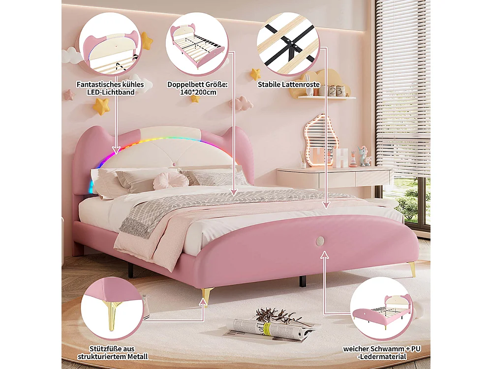 Lit d'enfant 140x200cm Lit double avec lattes en bois Bande LED Éponge douce cuir PU Beige+Rose