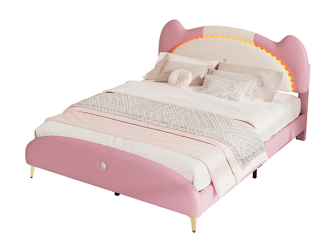 Lit d'enfant 140x200cm Lit double avec lattes en bois Bande LED Éponge douce cuir PU Beige+Rose