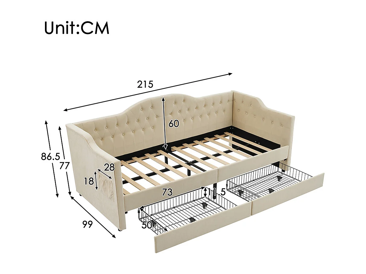 Lit avec tiroirs Canapé-lit Lit 90x200 cm lit avec USB Type C beige