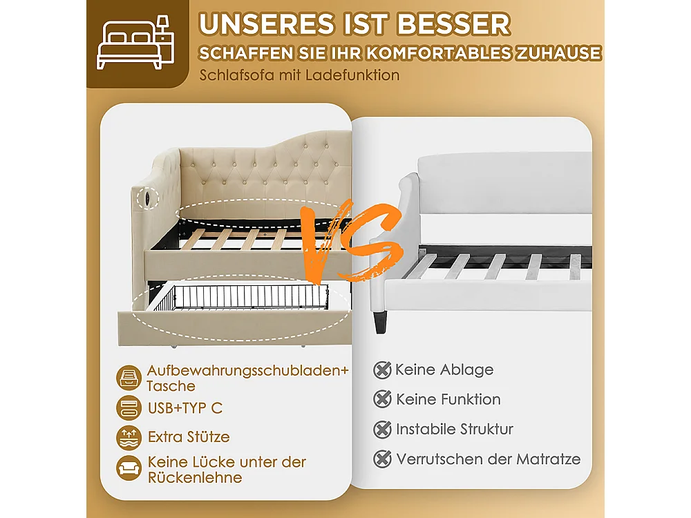 Lit avec tiroirs Canapé-lit Lit 90x200 cm lit avec USB Type C beige