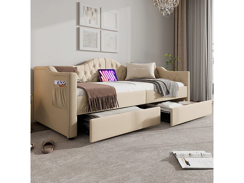 Lit avec tiroirs Canapé-lit Lit 90x200 cm lit avec USB Type C beige