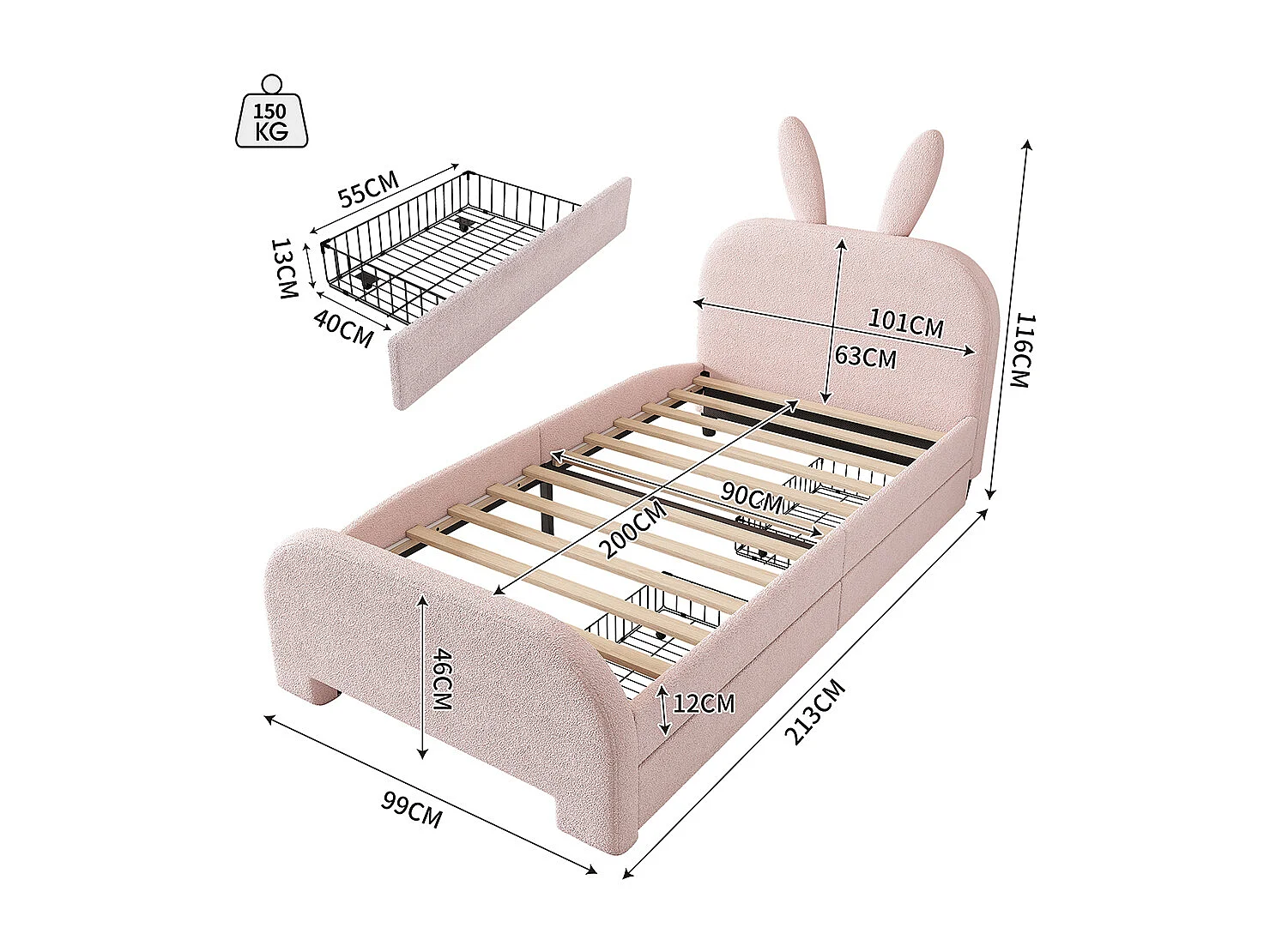 Lit enfant Lit avec tiroir Lit 90x200 cm laine de mouton résistante forme lapin cartoon rose