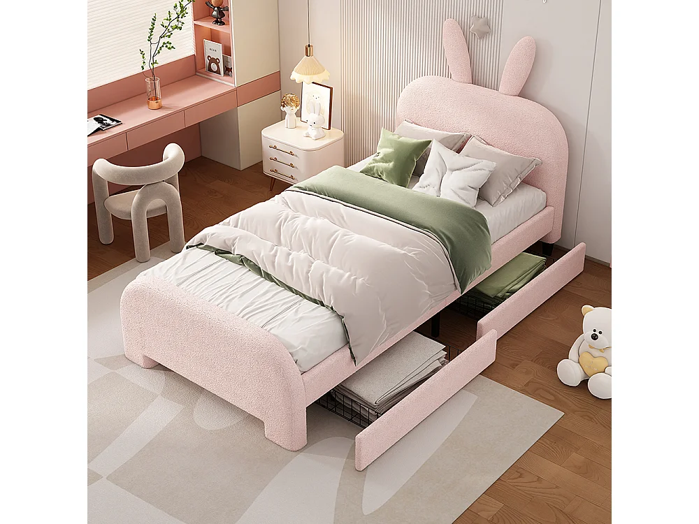 Lit enfant Lit avec tiroir Lit 90x200 cm laine de mouton résistante forme lapin cartoon rose