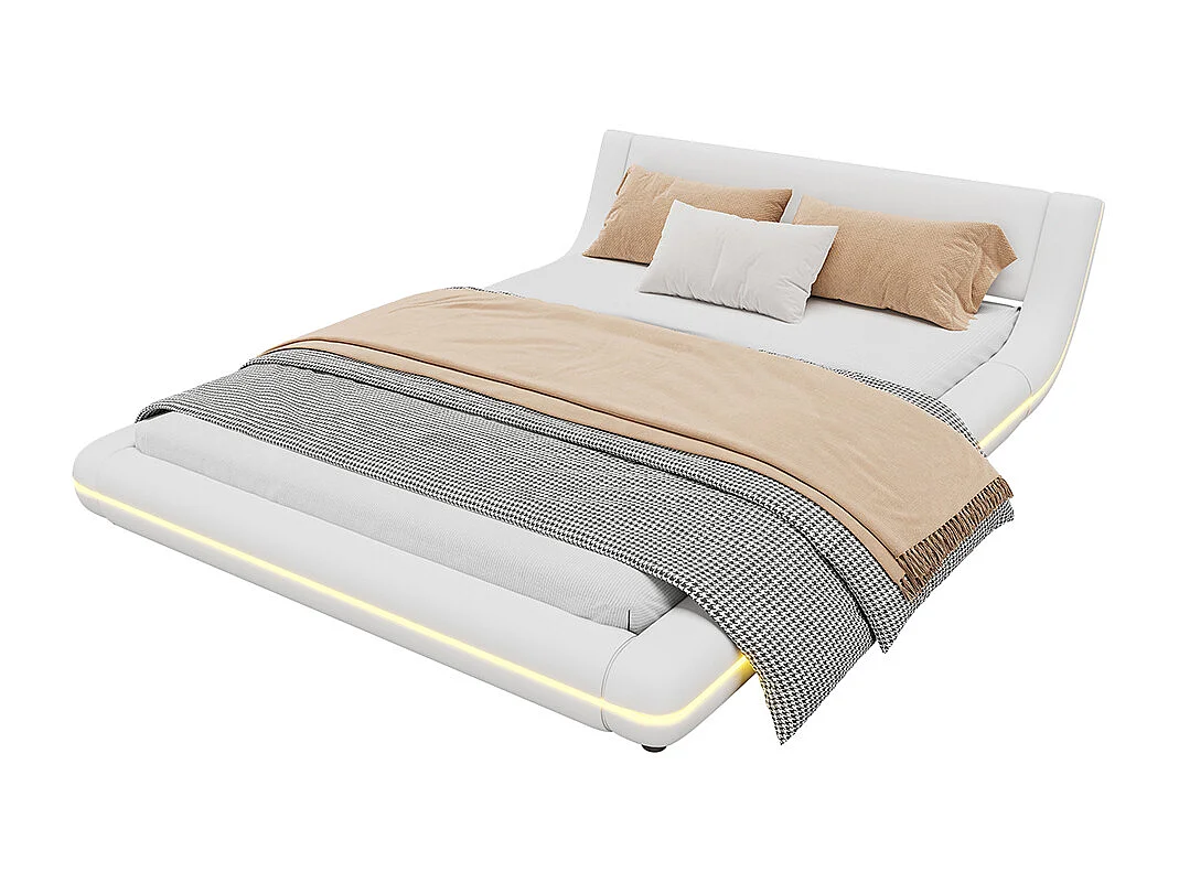 Lit adulte Lit double Lit 140x200 cm avec d'ambiance LED télécommande 24 touches PU blanc