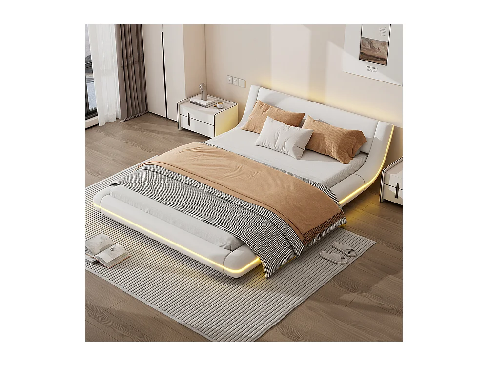 Lit adulte Lit double Lit 140x200 cm avec d'ambiance LED télécommande 24 touches PU blanc