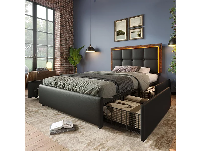 Lit avec tiroirs Lit adulte 90x200 cm Lit avec rampe lumineuse LED et 4 tiroirs Lit simple PU Noir
