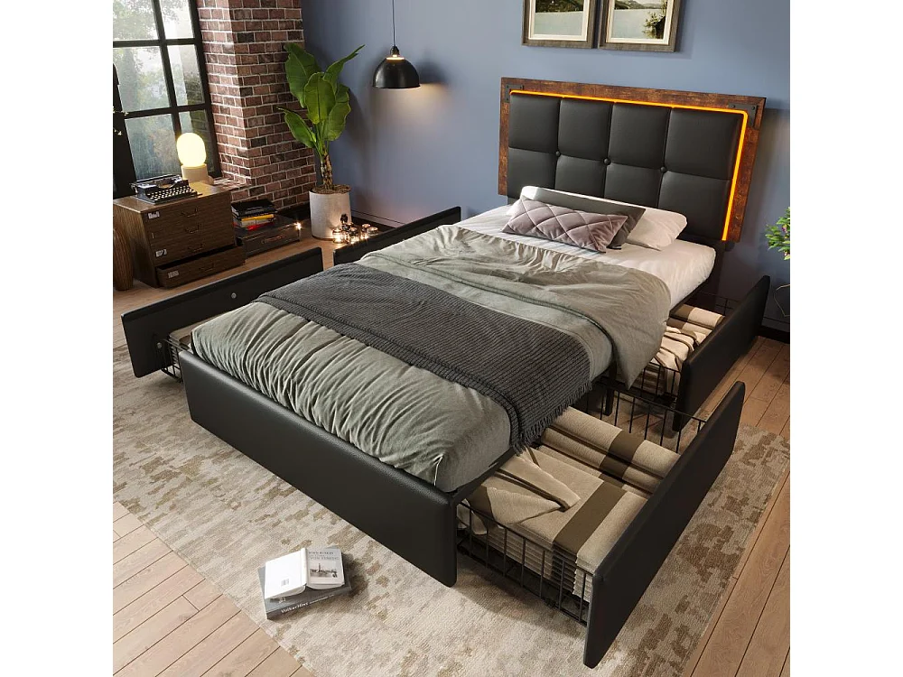 Lit avec tiroirs Lit adulte 90x200 cm Lit avec rampe lumineuse LED et 4 tiroirs Lit simple PU Noir