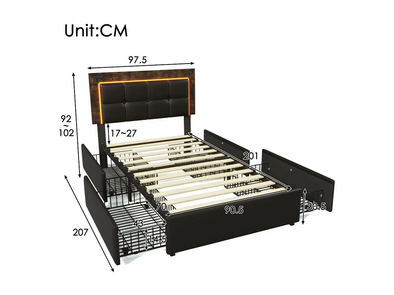 Lit avec tiroirs Lit adulte 90x200 cm Lit avec rampe lumineuse LED et 4 tiroirs Lit simple PU Noir