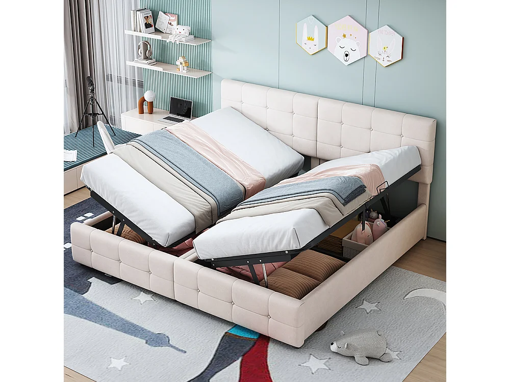 Lit double Lit rembourré 180x200 cm Lit de rangement hydraulique Lit double Tissu velours doux pour la peau Beige