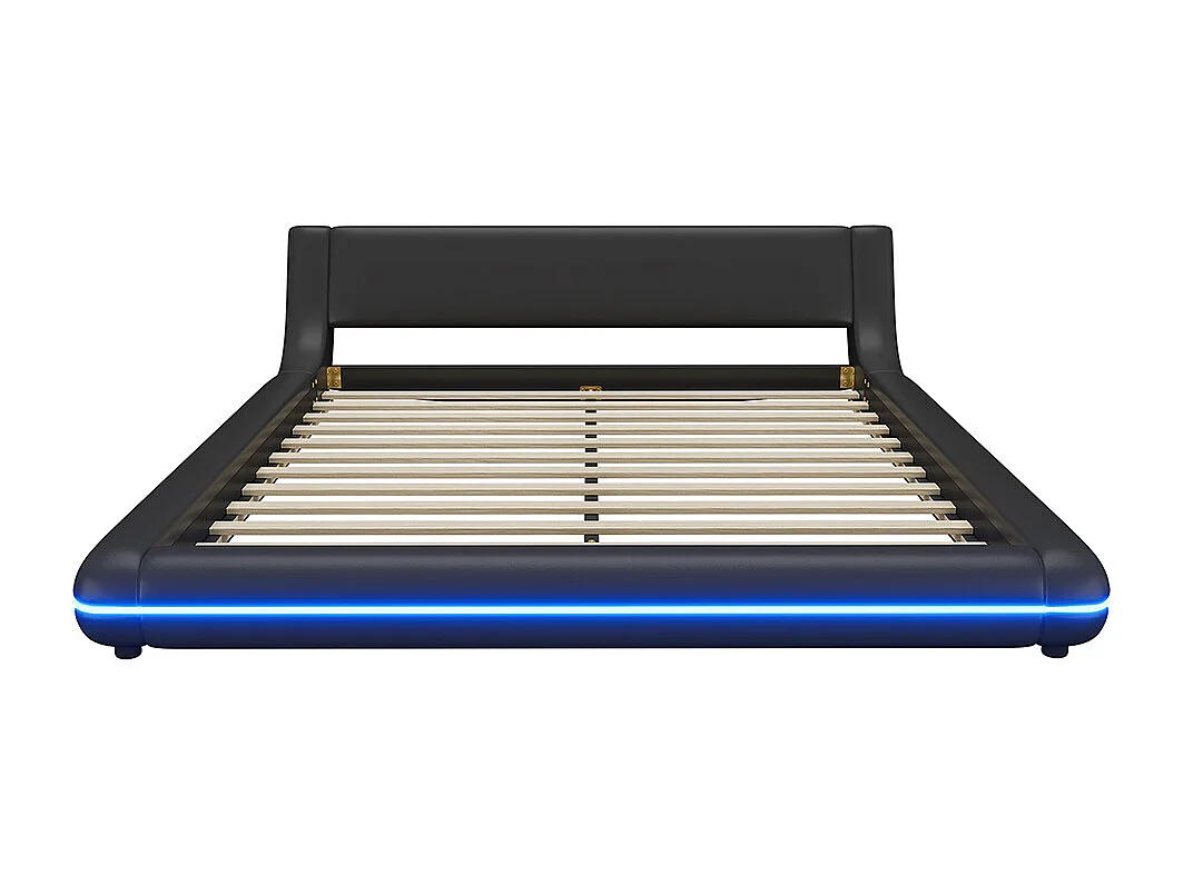 Lit adulte Lit 160x200 cm Lit double lit de sol PU éclairage LED télécommande 24 boutons noir