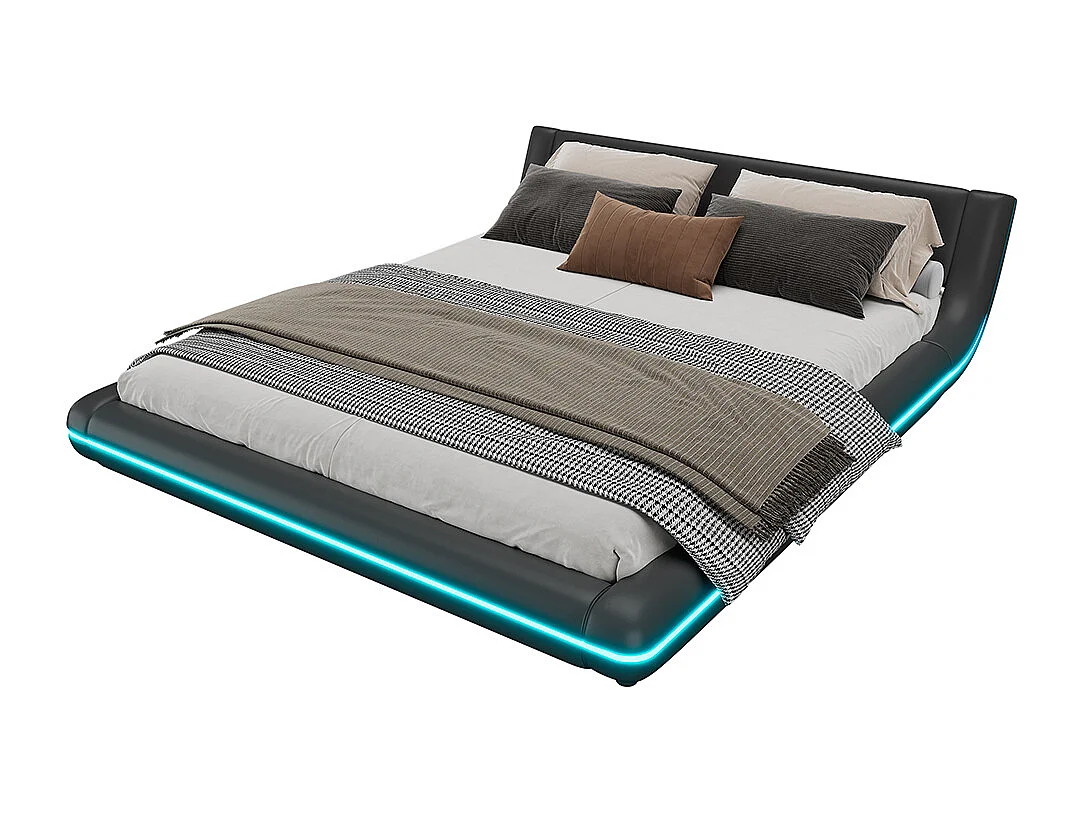 Lit adulte Lit 160x200 cm Lit double lit de sol PU éclairage LED télécommande 24 boutons noir