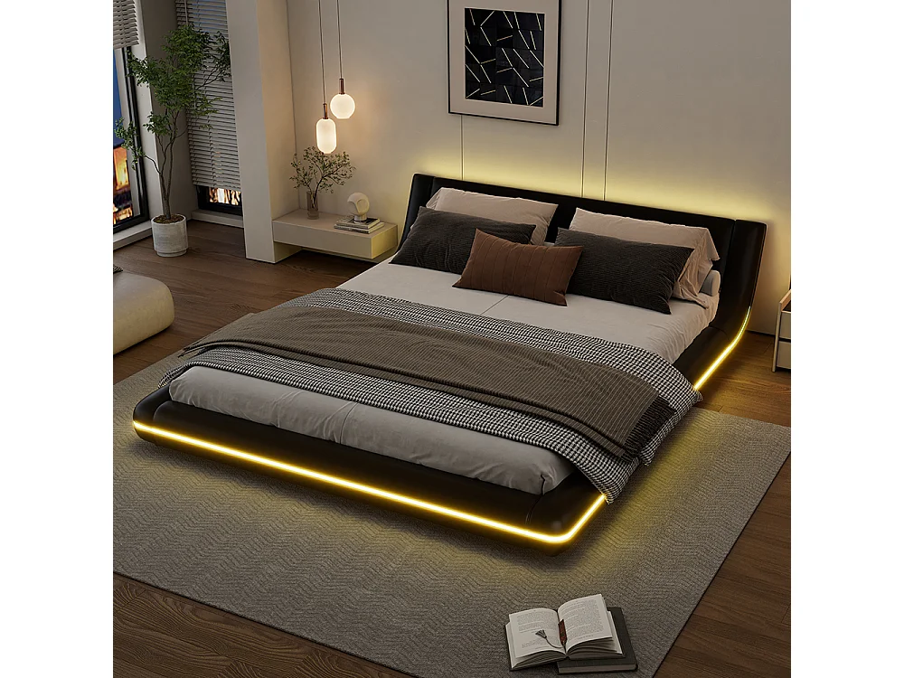Lit adulte Lit 160x200 cm Lit double lit de sol PU éclairage LED télécommande 24 boutons noir