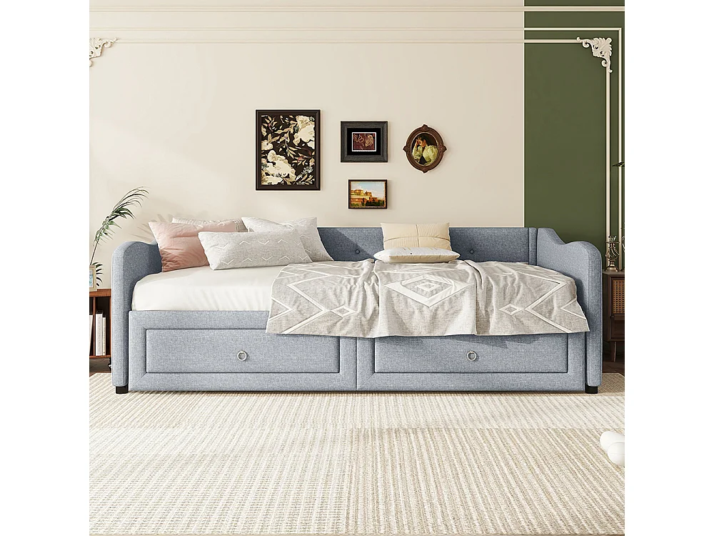 Canapé-lit Lit de jour 90x200 cm avec extension Lit avec deux tiroirs lit simple gris