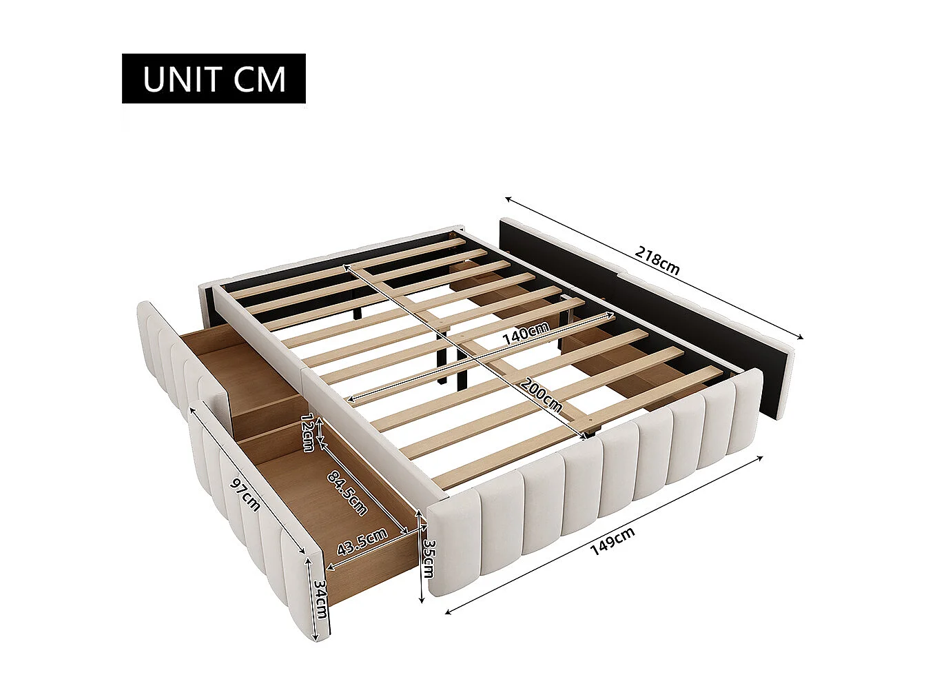 Lit avec tiroirs 140x200 cm Lit capitonné sans tête de lit pour adulte Lit double beige