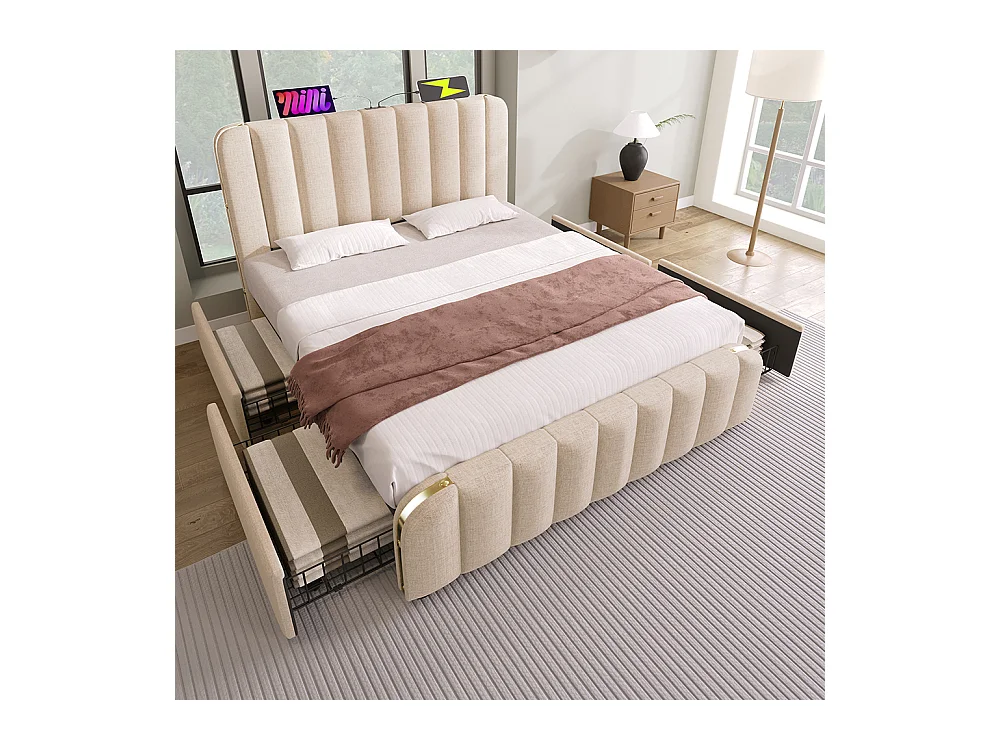 Lit avec 4 tiroirs Lit rembourré Double tête de lit rembourrée avec bandes décoratives dorées fonction de chargement USB Type-C Lit 140x200 cm Beige