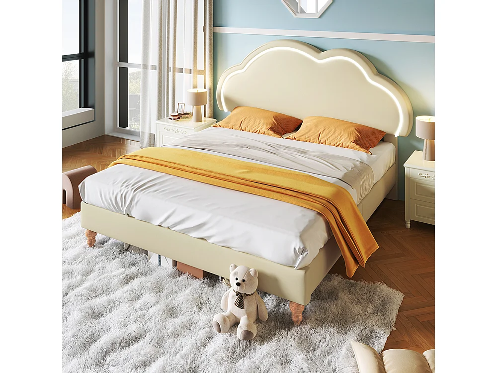 Lit enfant LED Lit1 160x200 cm Lit avec tête de lit réglable PU lit en crème Tête de lit nuage