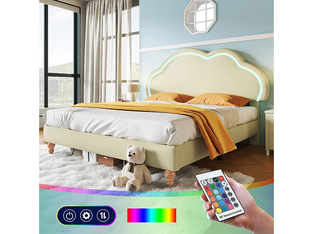 Lit enfant LED Lit1 160x200 cm Lit avec tête de lit réglable PU lit en crème Tête de lit nuage