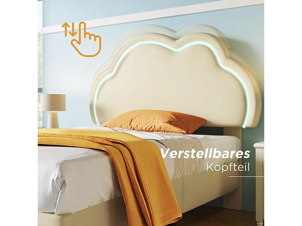 Lit enfant LED Lit1 160x200 cm Lit avec tête de lit réglable PU lit en crème Tête de lit nuage