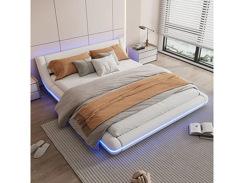 Lit adulte Lit double Lit 160x200 cm avec d'ambiance LED télécommande 24 touches PU blanc