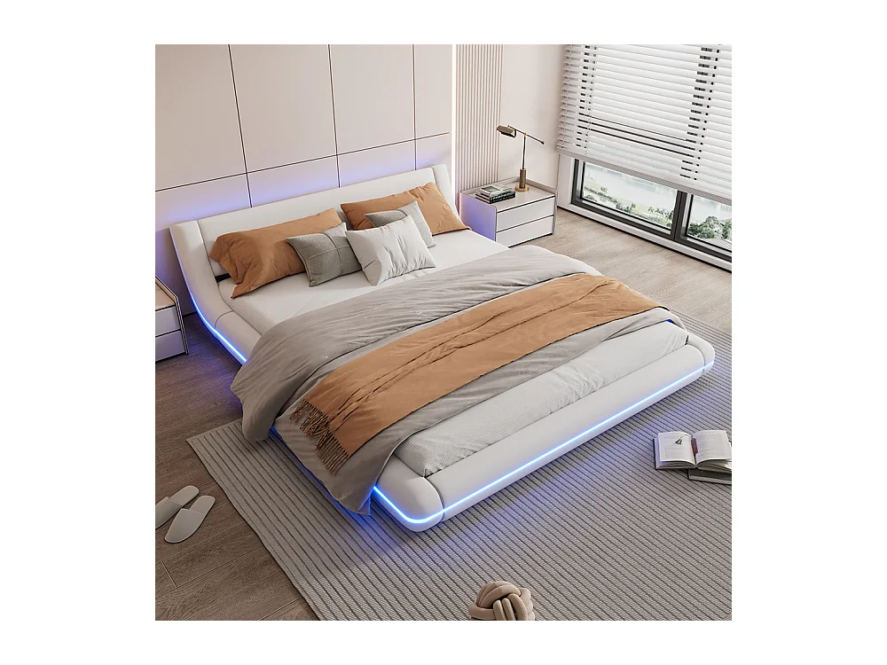 Lit adulte Lit double Lit 160x200 cm avec d'ambiance LED télécommande 24 touches PU blanc