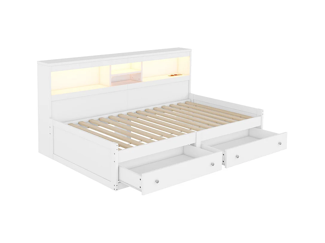 Canapé-lit Lit de jour Lit 90x200 cm table de chevet lit avec 2 prises USB et 2 prises de charge lit avec deux tiroirs blanc