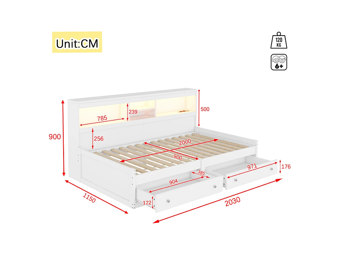 Canapé-lit Lit de jour Lit 90x200 cm table de chevet lit avec 2 prises USB et 2 prises de charge lit avec deux tiroirs blanc