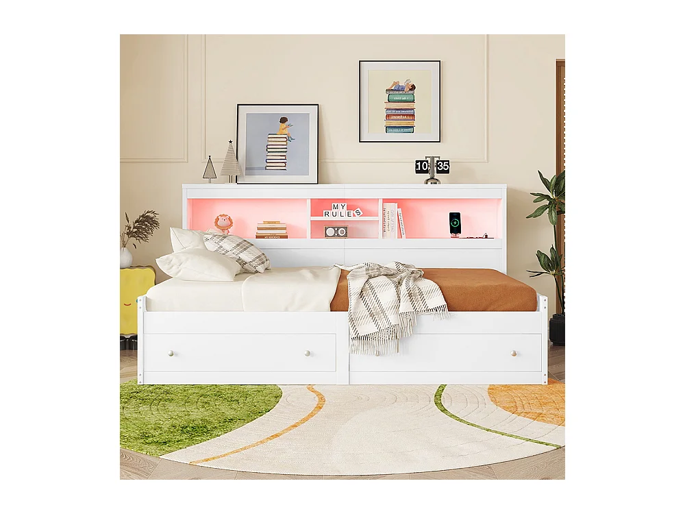 Canapé-lit Lit de jour Lit 90x200 cm table de chevet lit avec 2 prises USB et 2 prises de charge lit avec deux tiroirs blanc