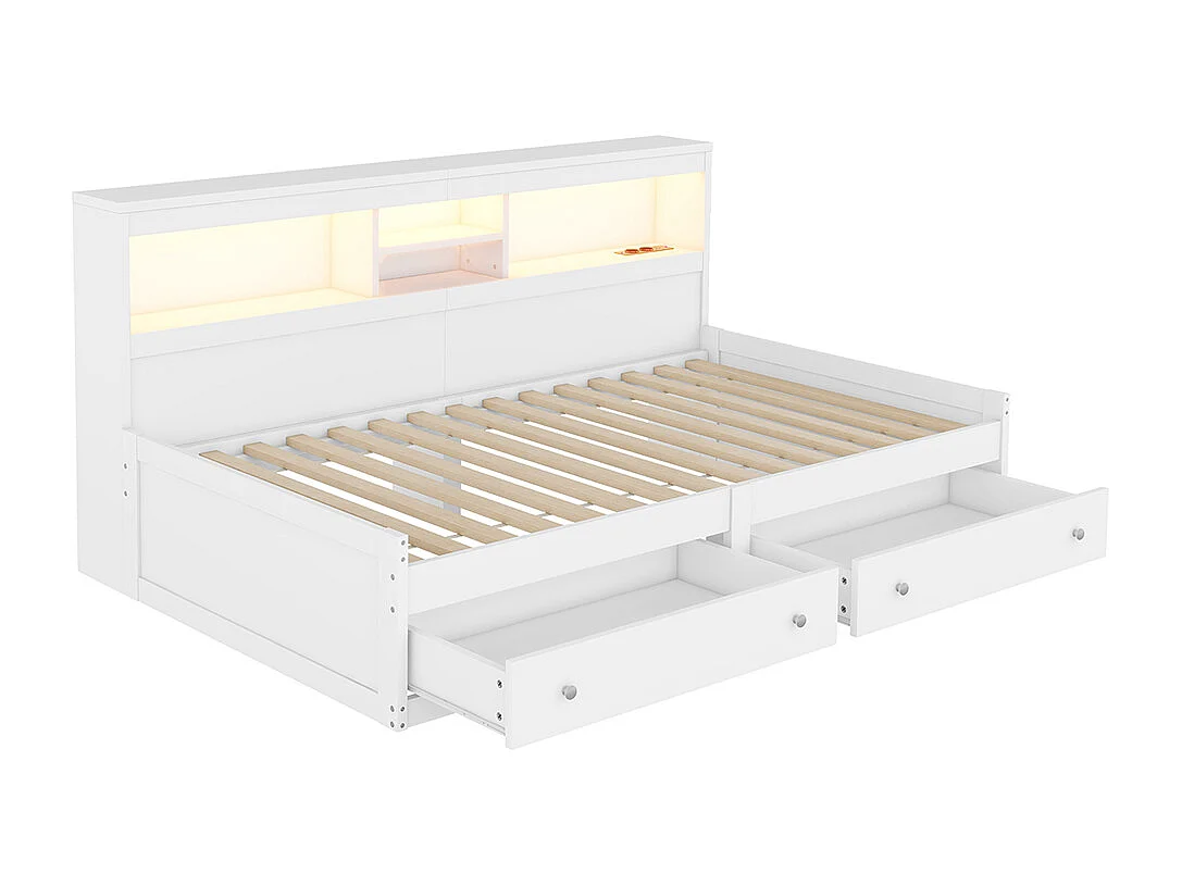 Canapé-lit Lit de jour Lit 90x200 cm table de chevet lit avec 2 prises USB et 2 prises de charge lit avec deux tiroirs blanc