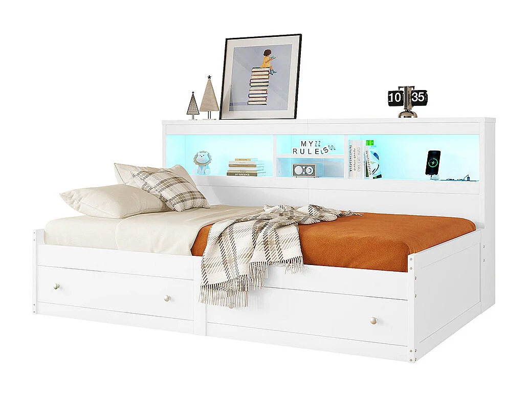 Canapé-lit Lit de jour Lit 90x200 cm table de chevet lit avec 2 prises USB et 2 prises de charge lit avec deux tiroirs blanc