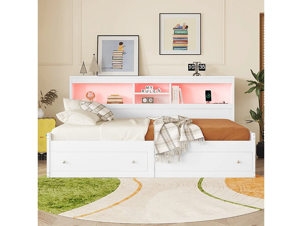 Canapé-lit Lit de jour Lit 90x200 cm table de chevet lit avec 2 prises USB et 2 prises de charge lit avec deux tiroirs blanc