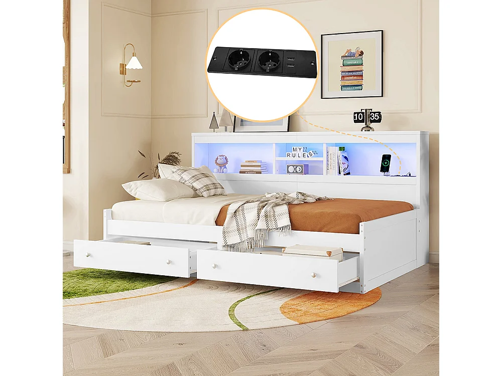 Canapé-lit Lit de jour Lit 90x200 cm table de chevet lit avec 2 prises USB et 2 prises de charge lit avec deux tiroirs blanc