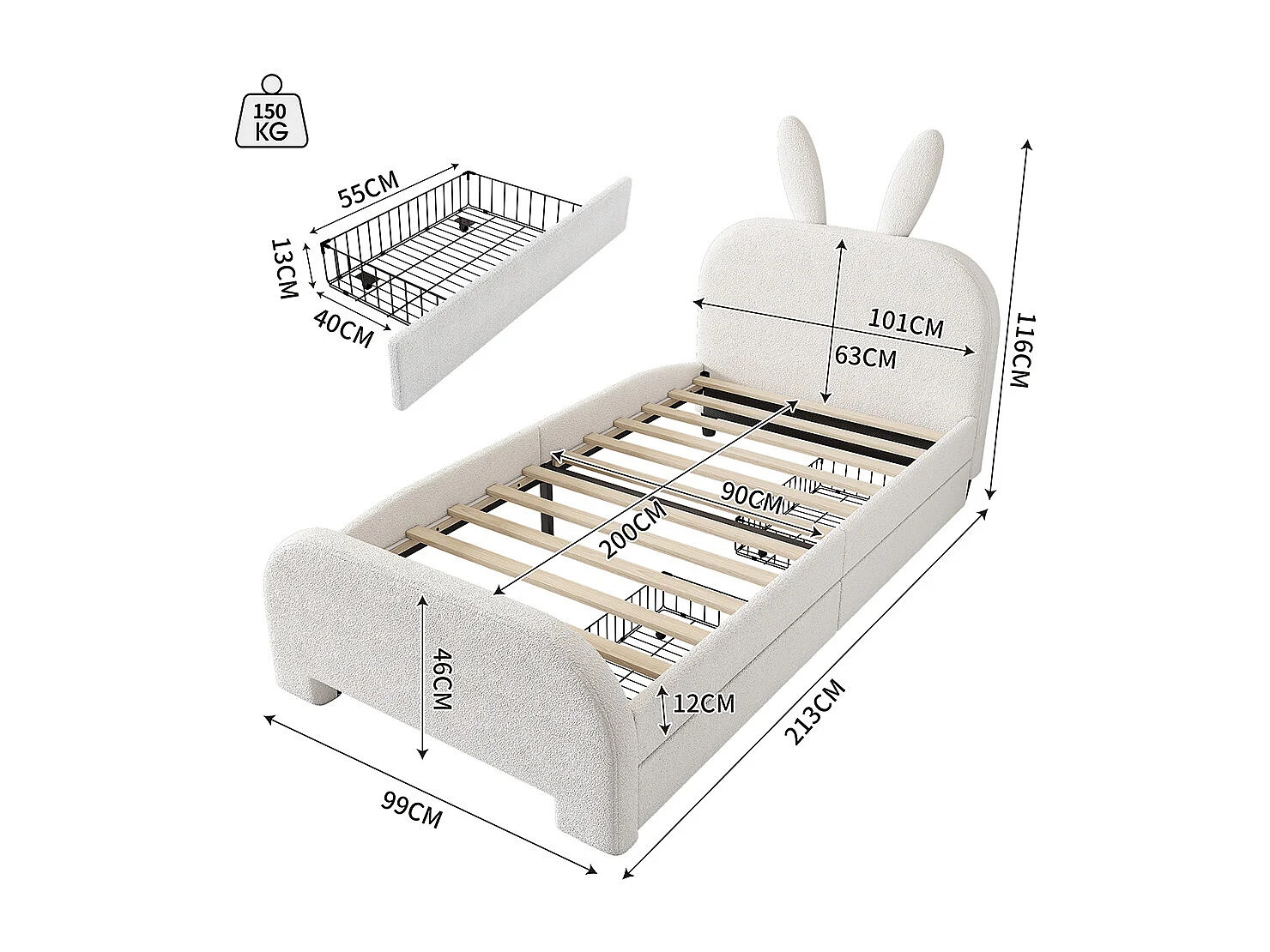 Lit enfant Lit avec tiroir Lit 90x200 cm laine de mouton résistante forme lapin cartoon blanc