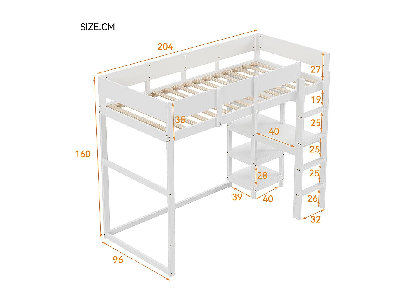 Lit surélevé Lit 90x200 cm cadre de lit en pin massif avec sommier à lattes Lit enfant pour adolescents blanc