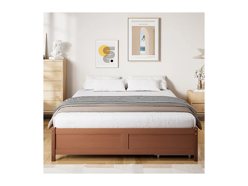 Lit Adulte 140x200 cm Lit double Deux tiroirs avec roulettes Sommier à lattes stable Pin+MDF Rouge-brun